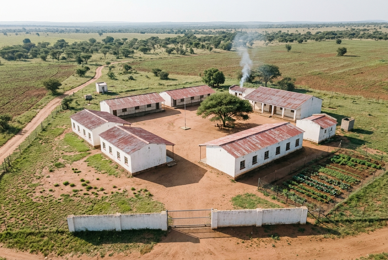 Aerial view of Maimane Primary School with red-roof classrooms and a dusty playing field