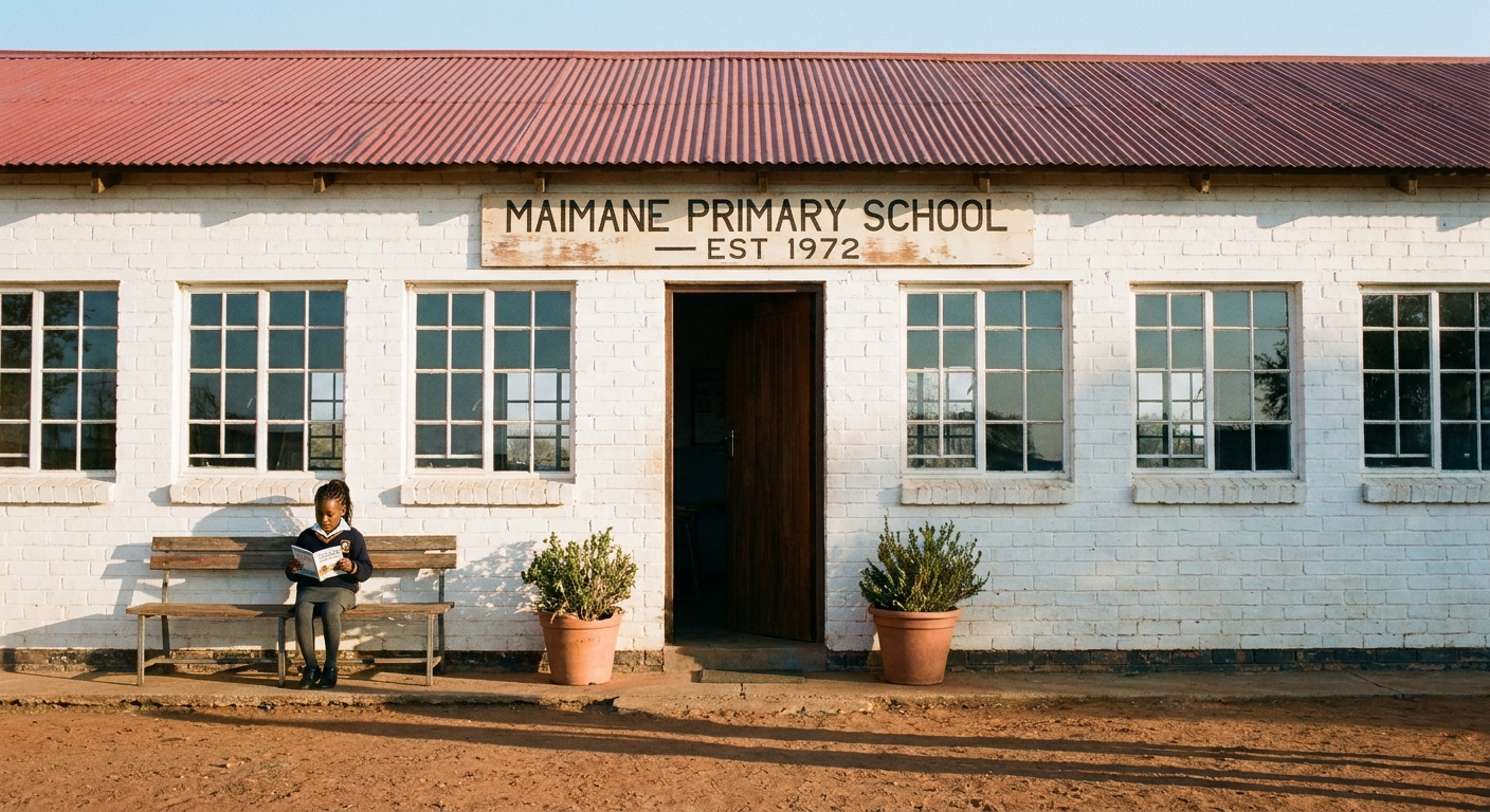 Front of the main classroom block, walls freshly whitewashed