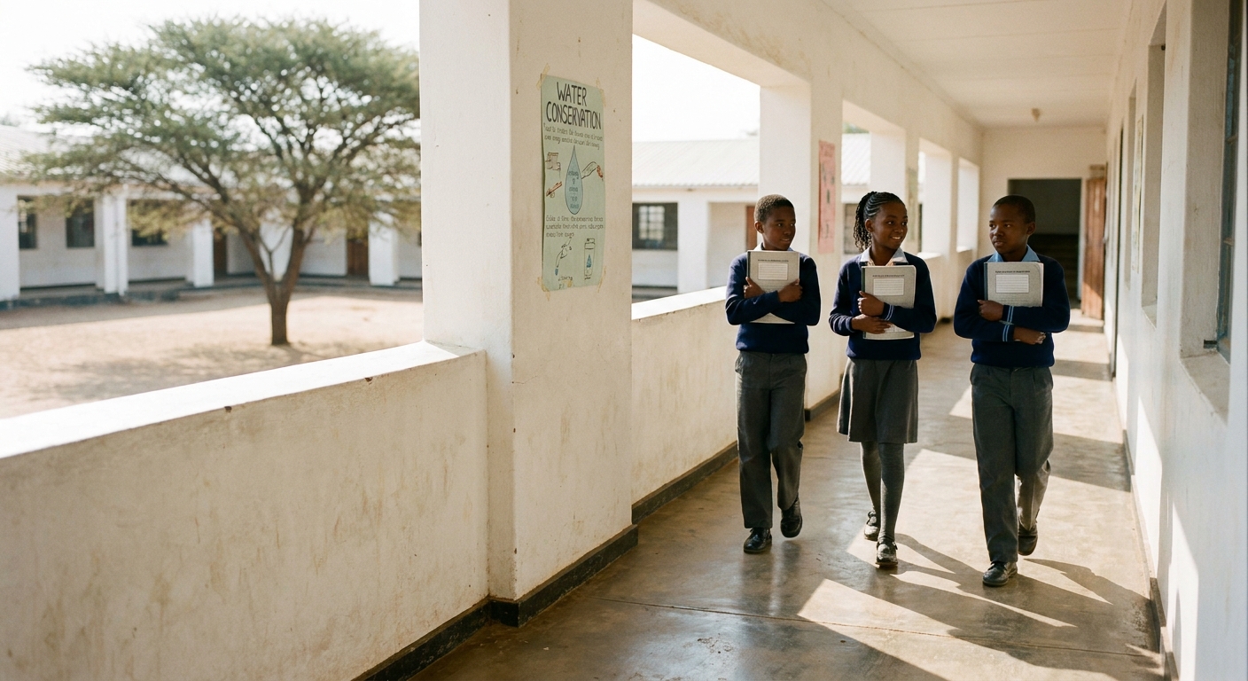 Open corridor with learners walking between lessons