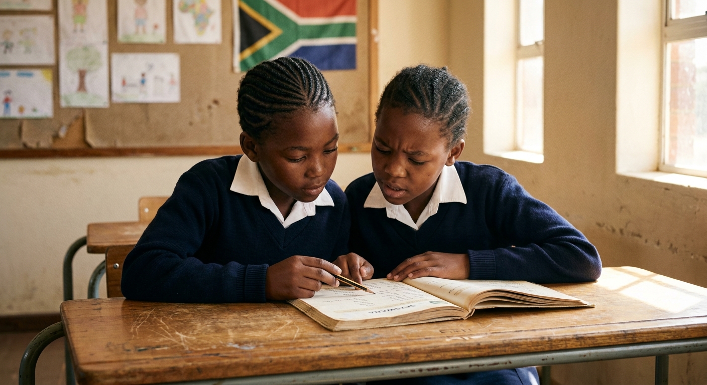 Two girls sharing a worn textbook in a sunlit classroom