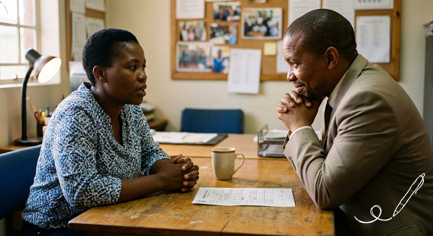 Principal speaking with a parent in the office