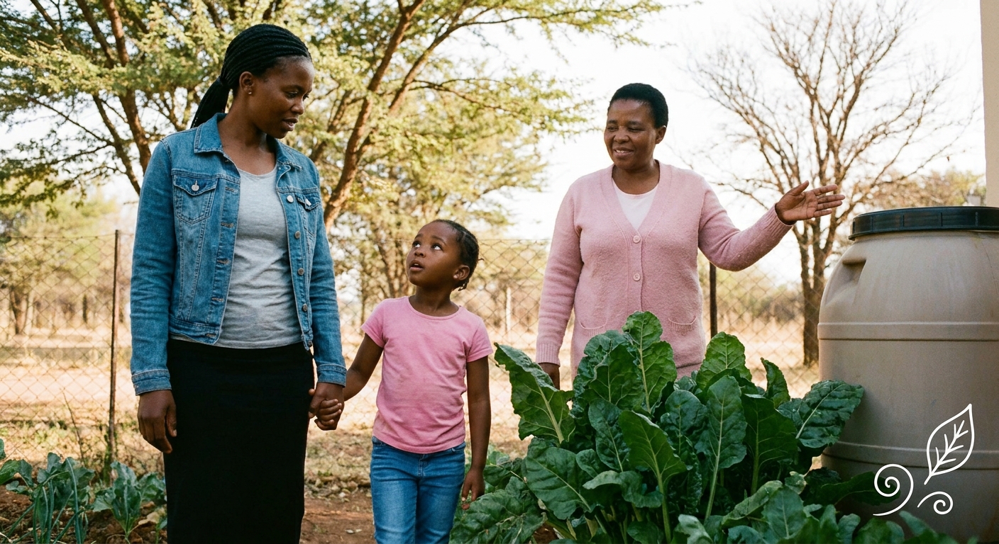 A small girl walking with her mother through the school garden during a tour