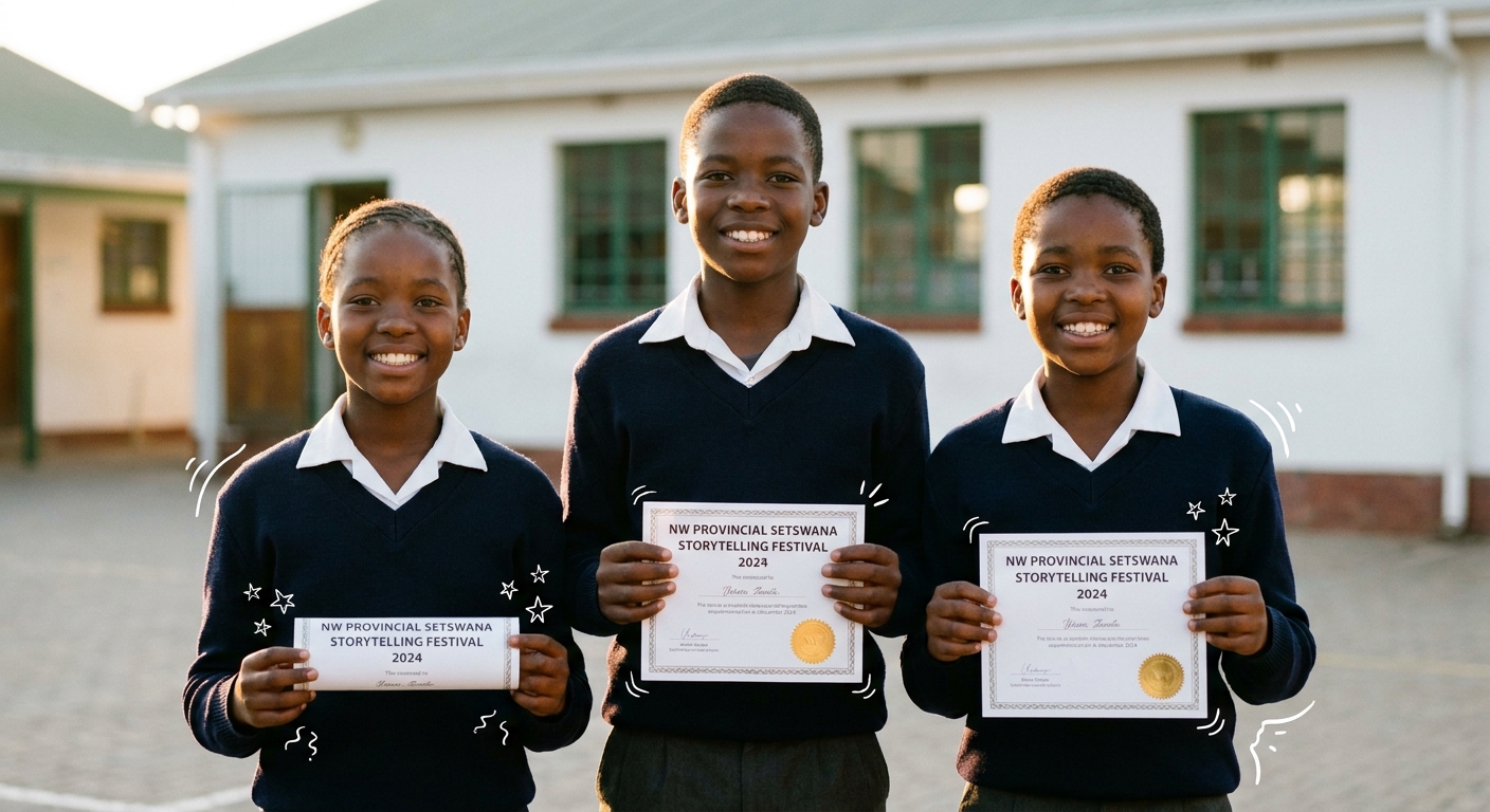 Three learners with NW Setswana Storytelling certificates