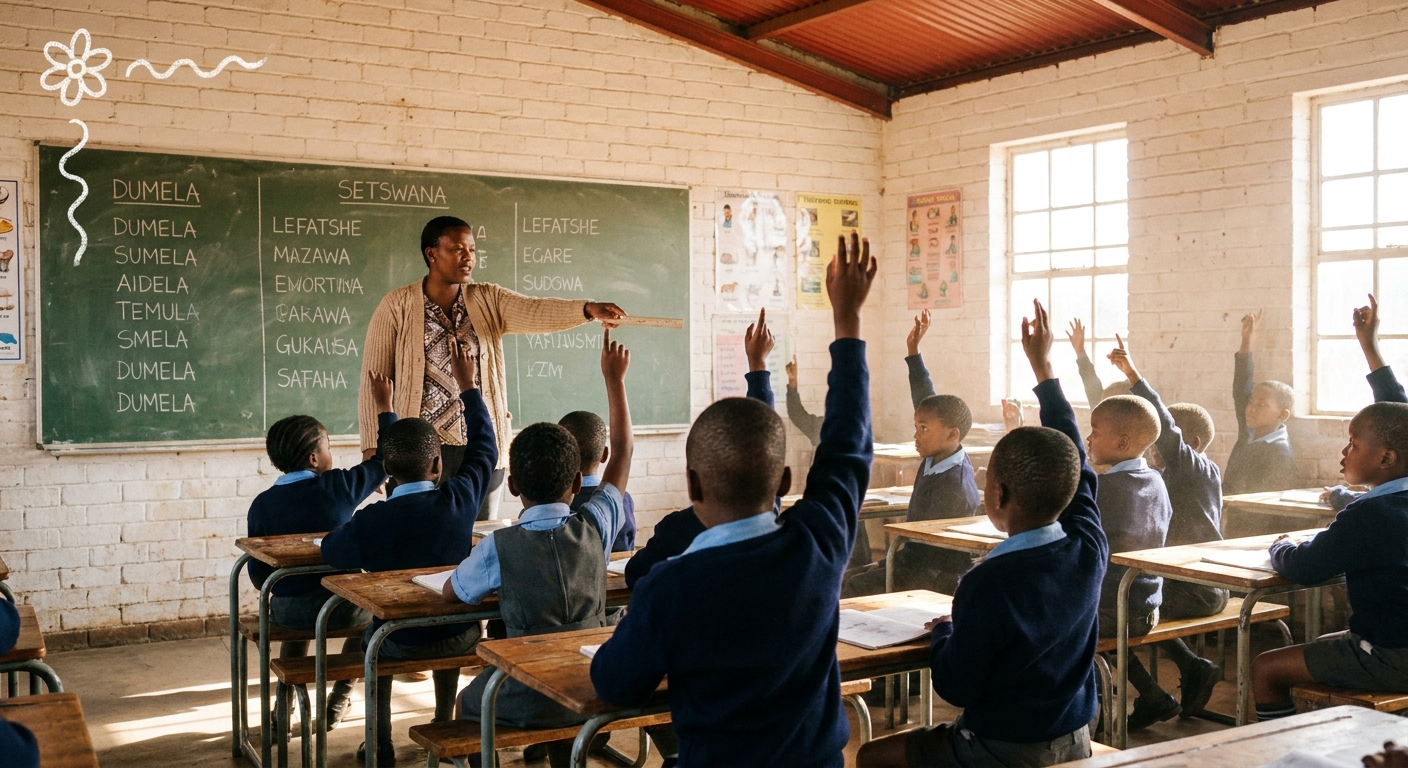 Children raising hands during a Setswana home-language lesson