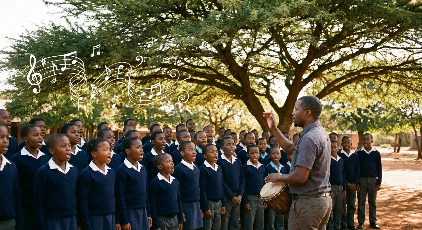 Choir rehearsing under the shade of an Acacia tree