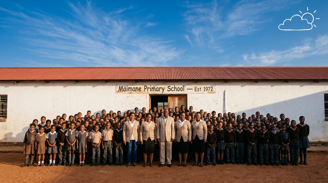 Group photo of the whole school under a wide blue Madikwe sky