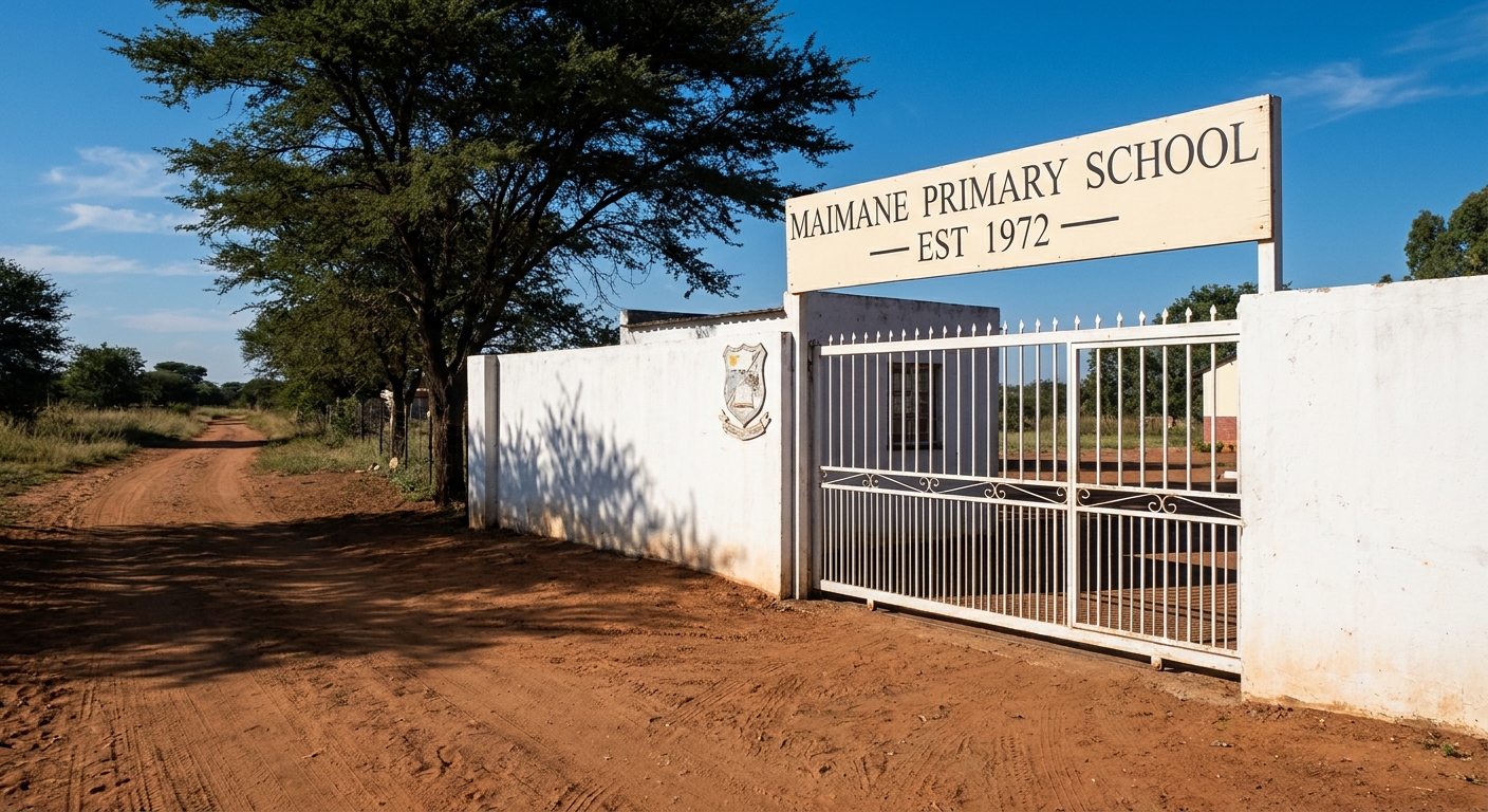 Front gate of Maimane Primary in the morning sunlight