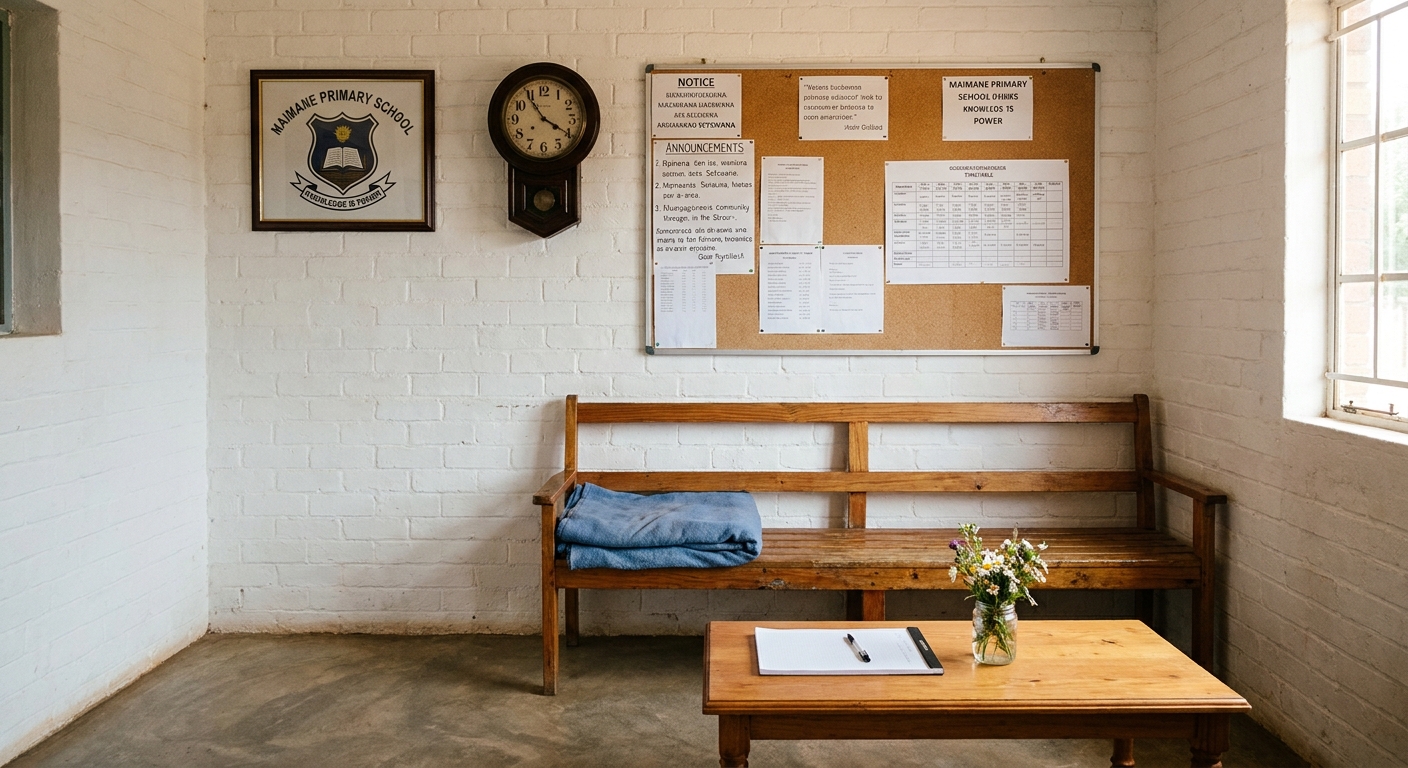 School office reception with parent waiting bench