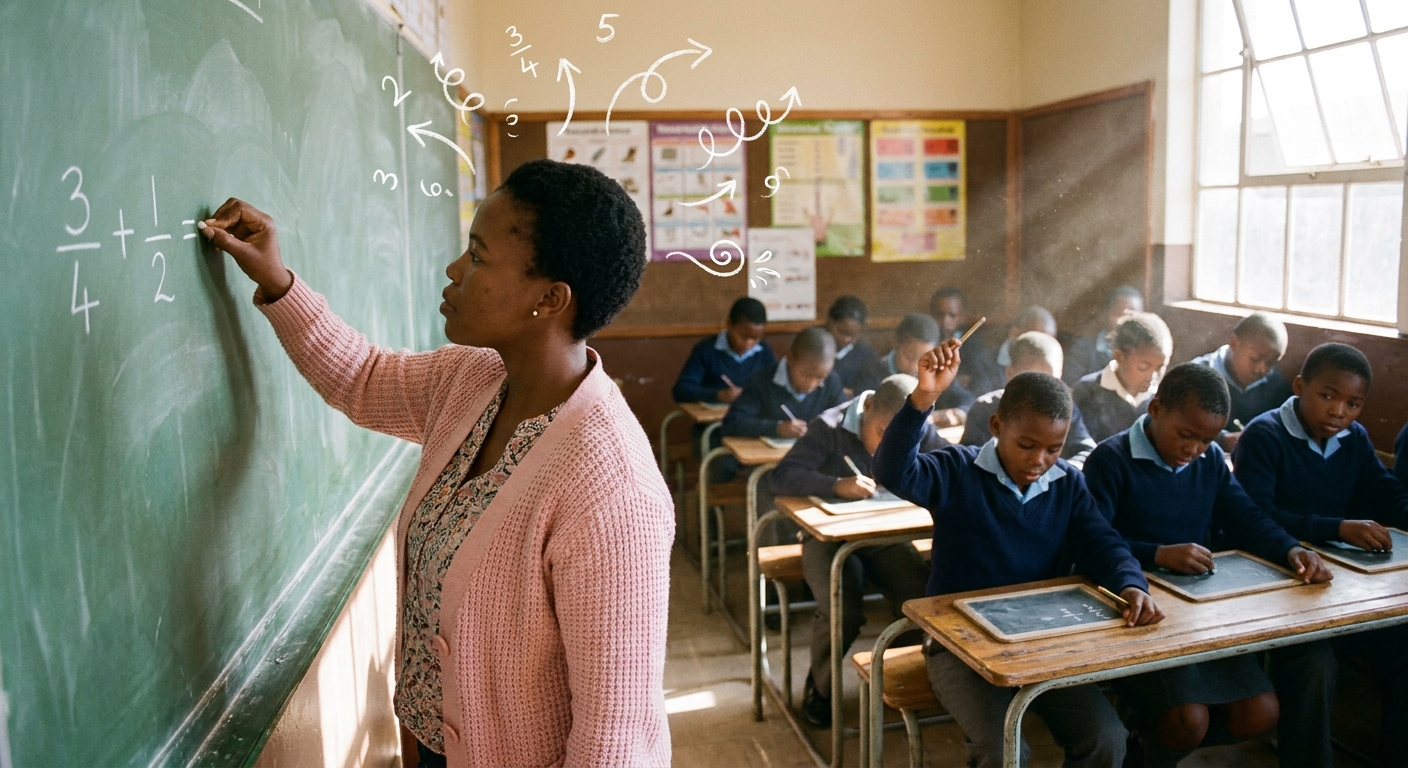 Grade 5 learners solving fractions on a chalkboard