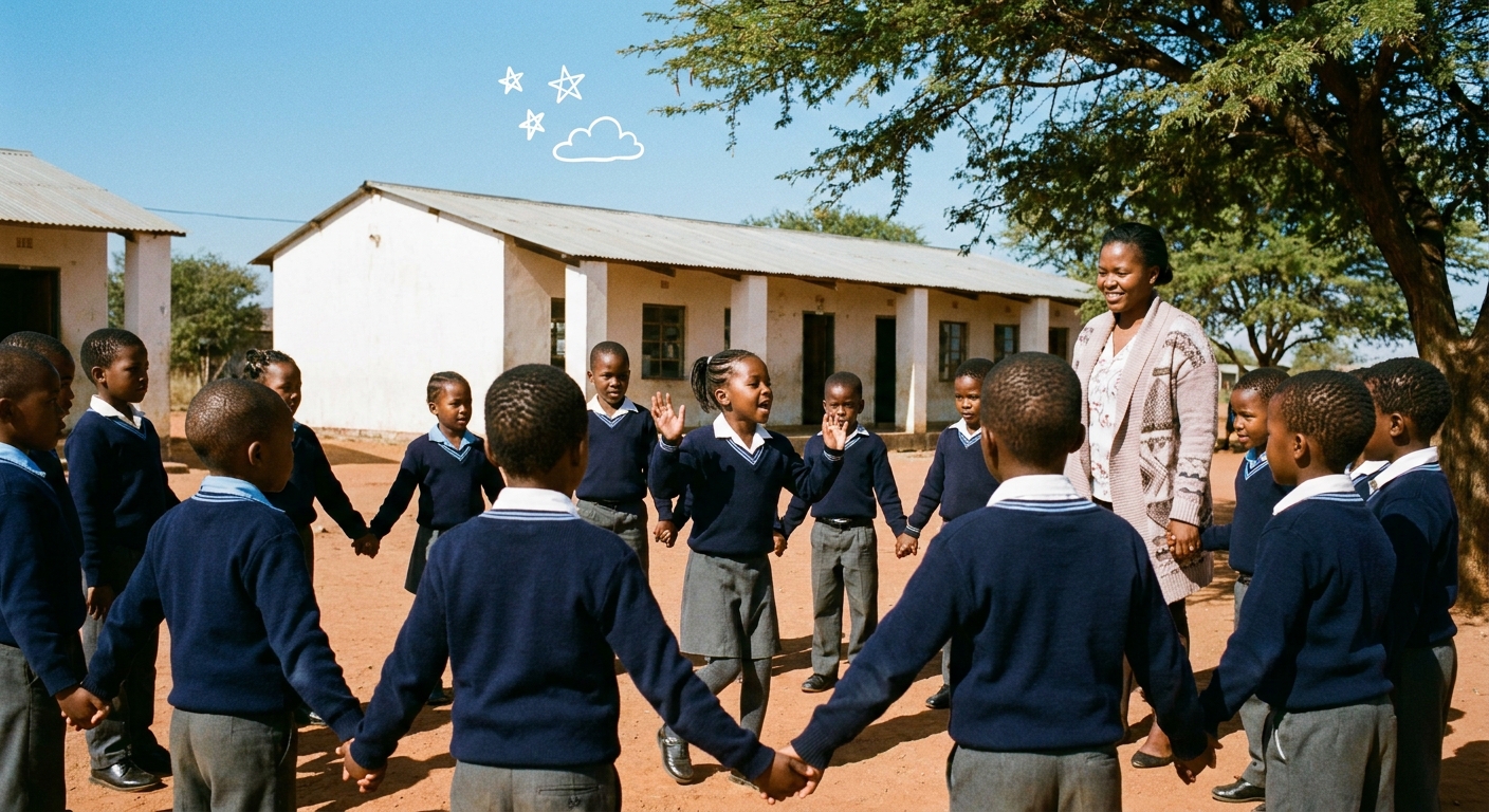 Morning circle in the courtyard with raised hands