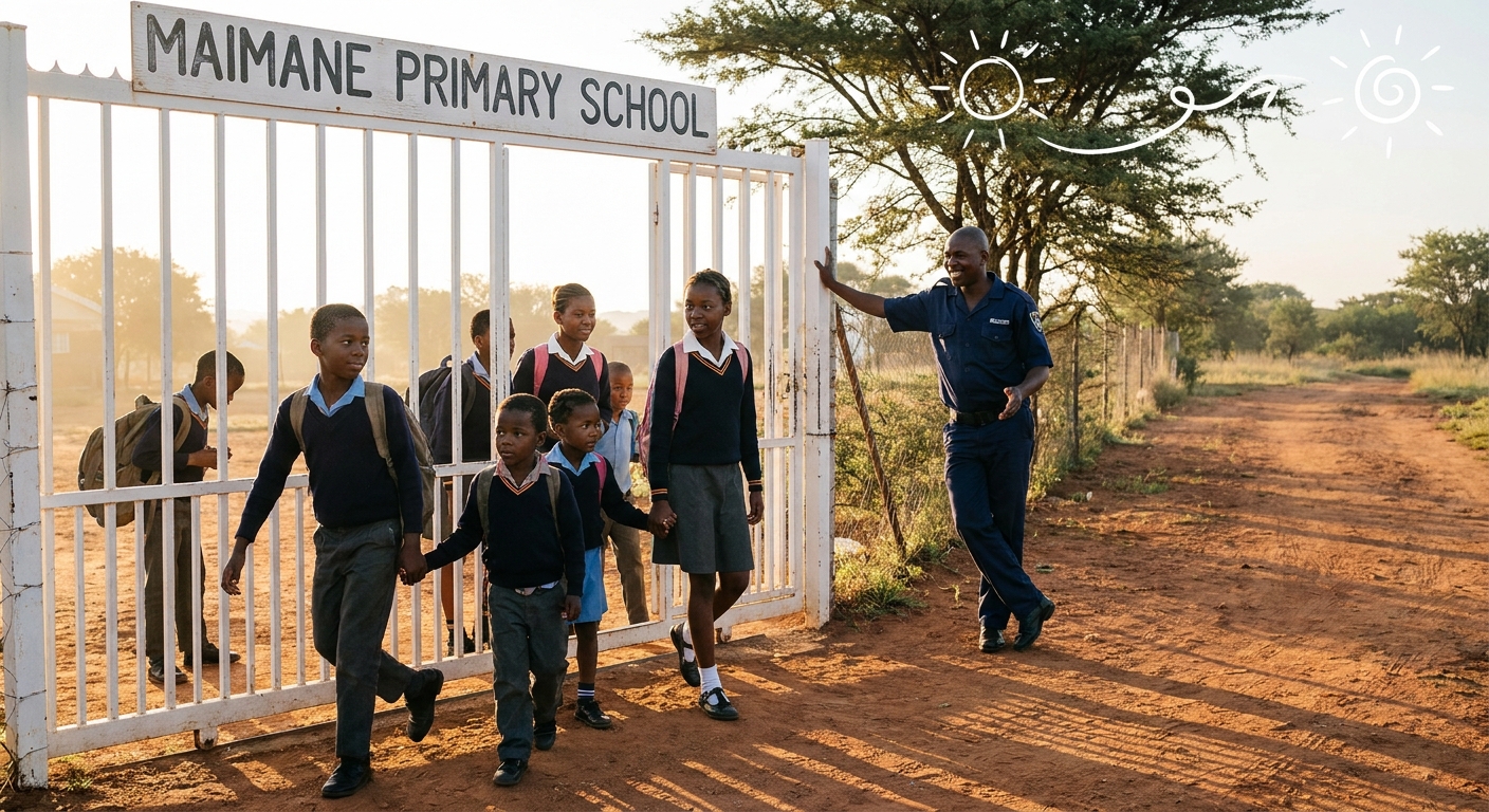 Children walking through the school gate at sunrise