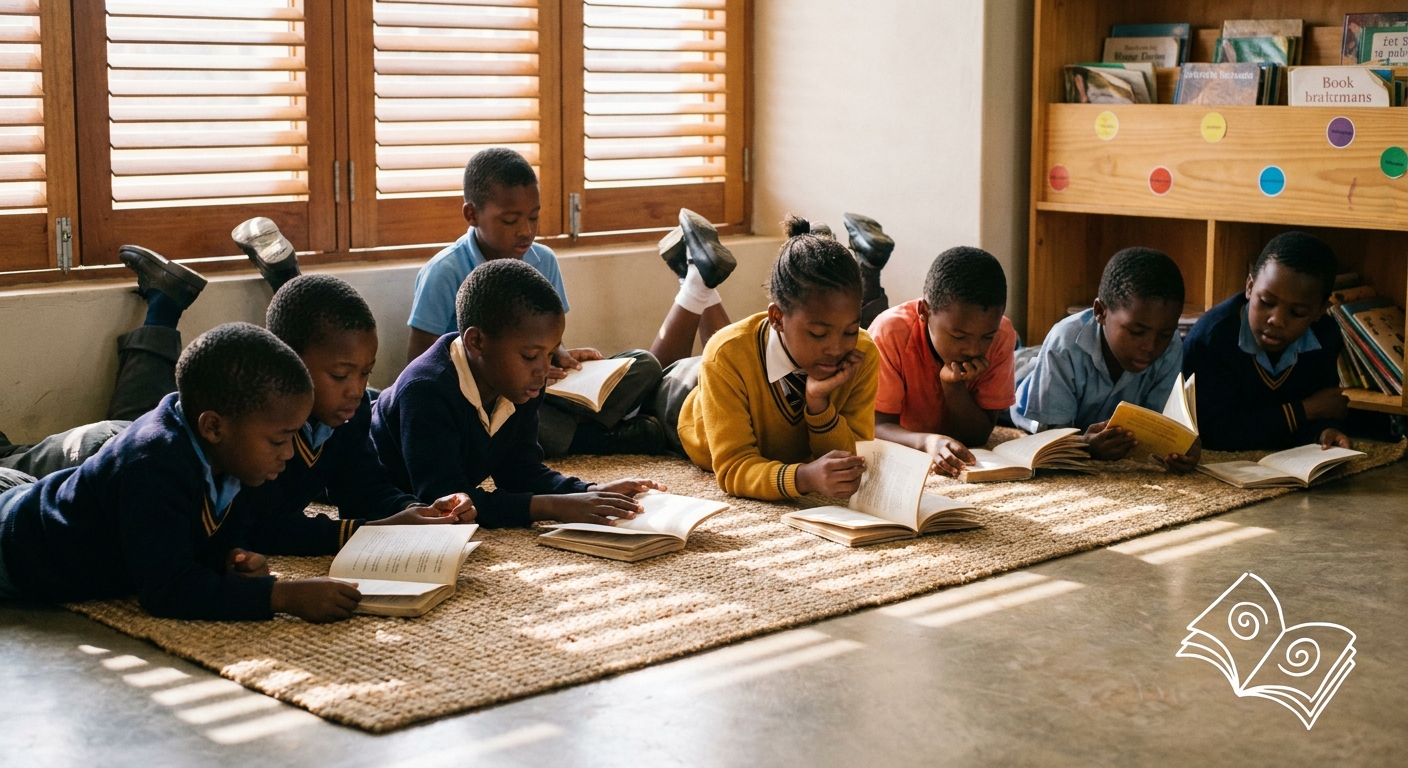 Children lying on the reading mat with library books