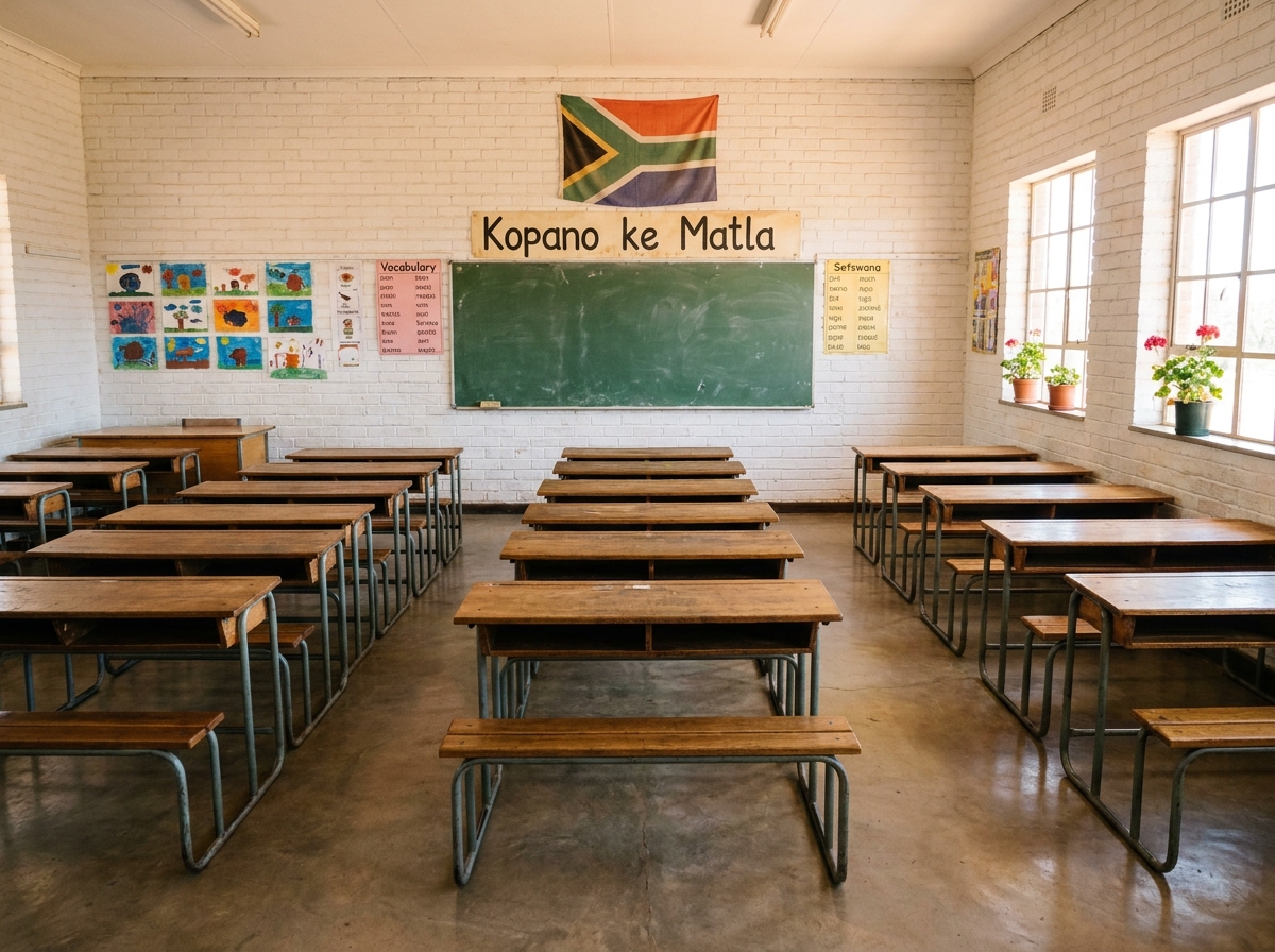 Bright classroom with neat desks and learners' work pinned to the wall