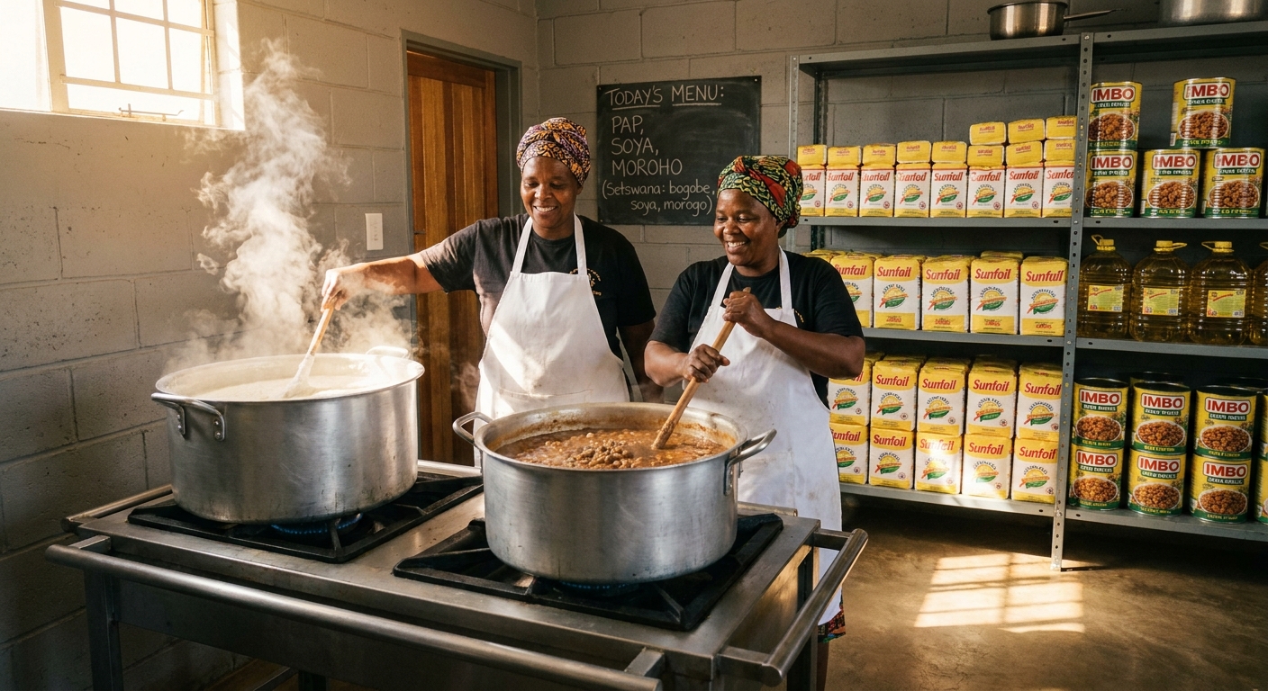 NSNP kitchen with two cooks preparing a hot lunch over large pots