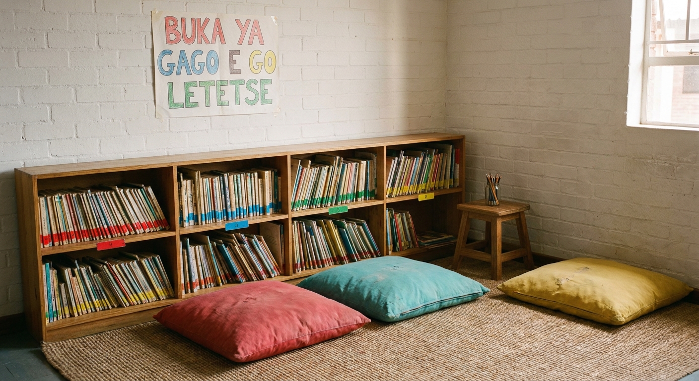 A reading corner with floor cushions and a low bookshelf