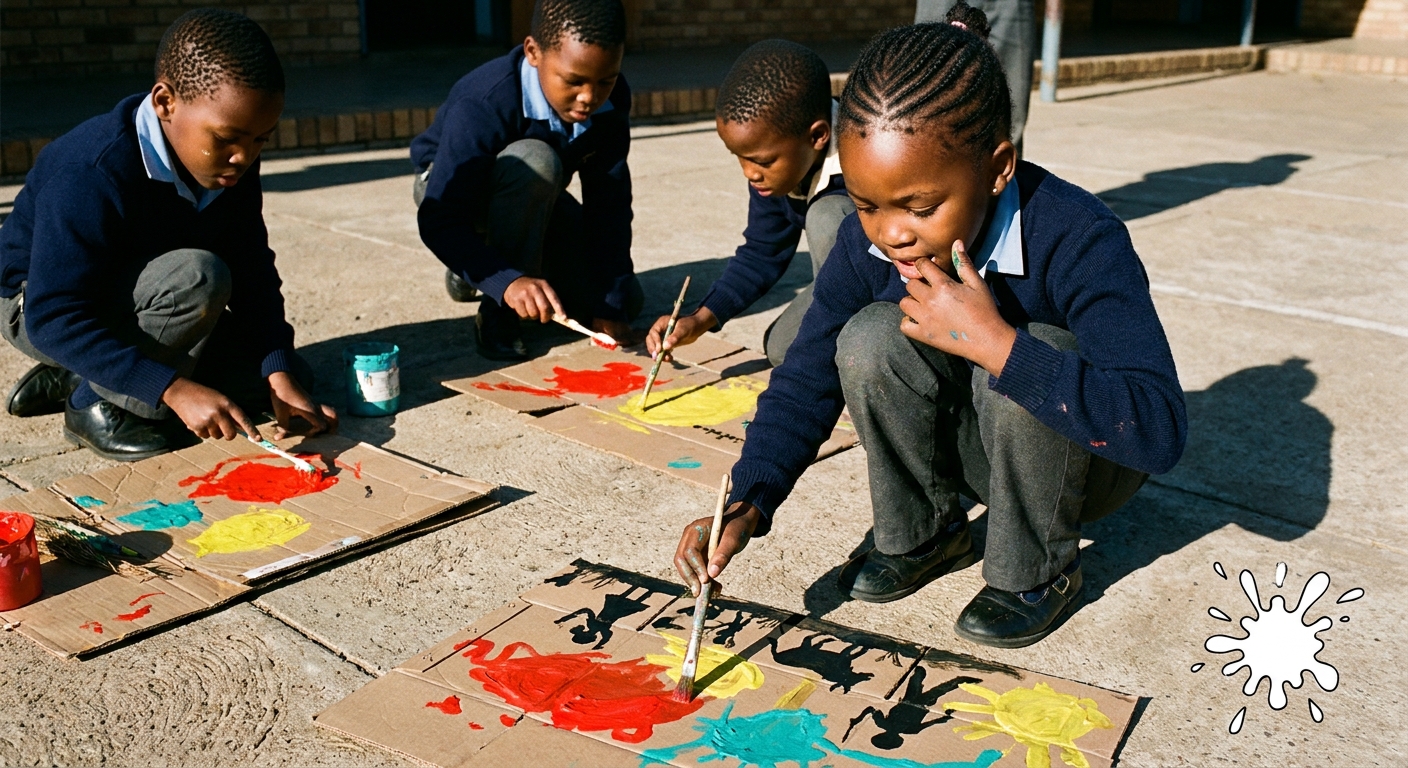 Children painting on recycled cardboard with bright local pigments