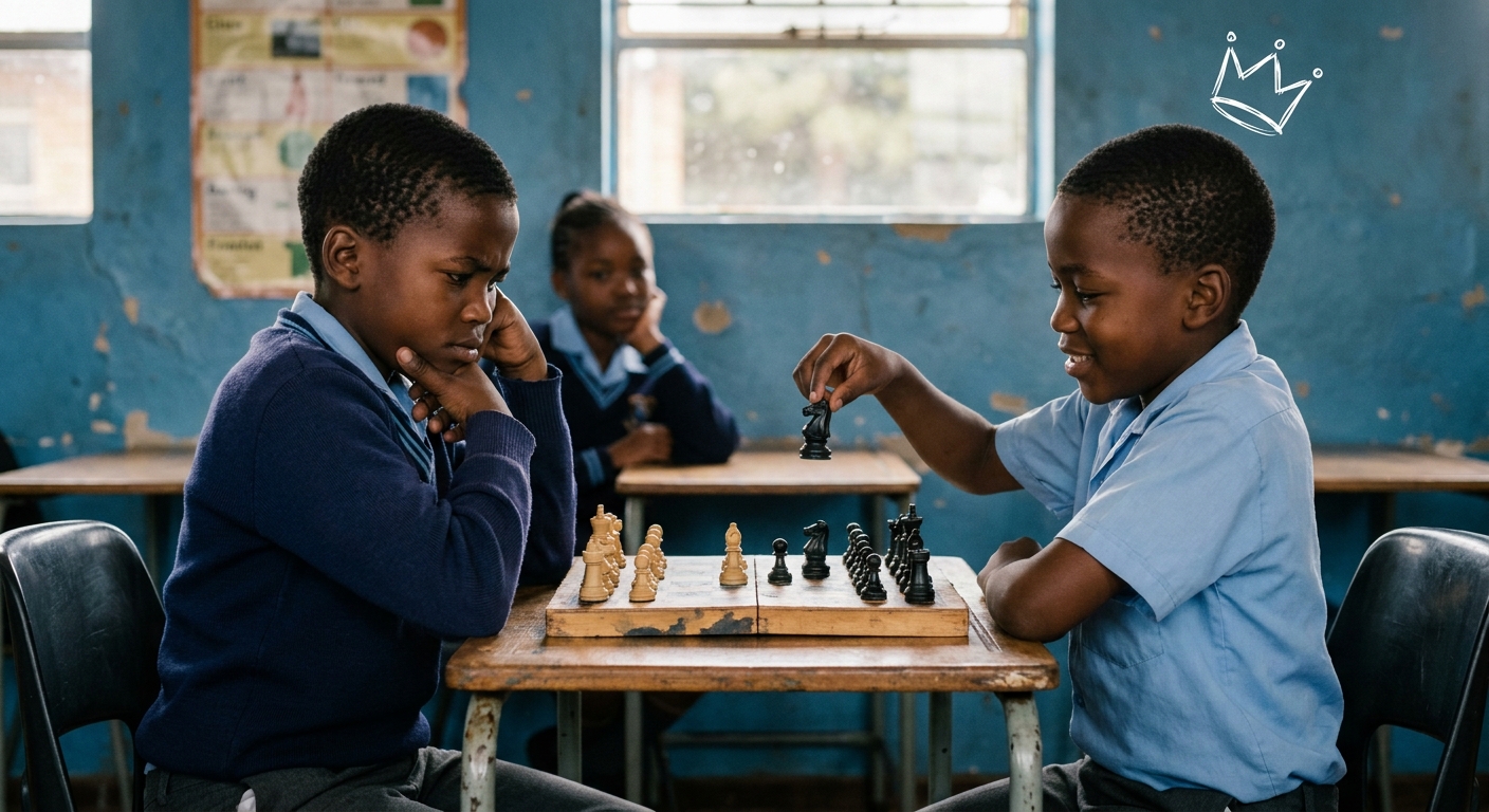 Two boys playing chess with a worn donated set