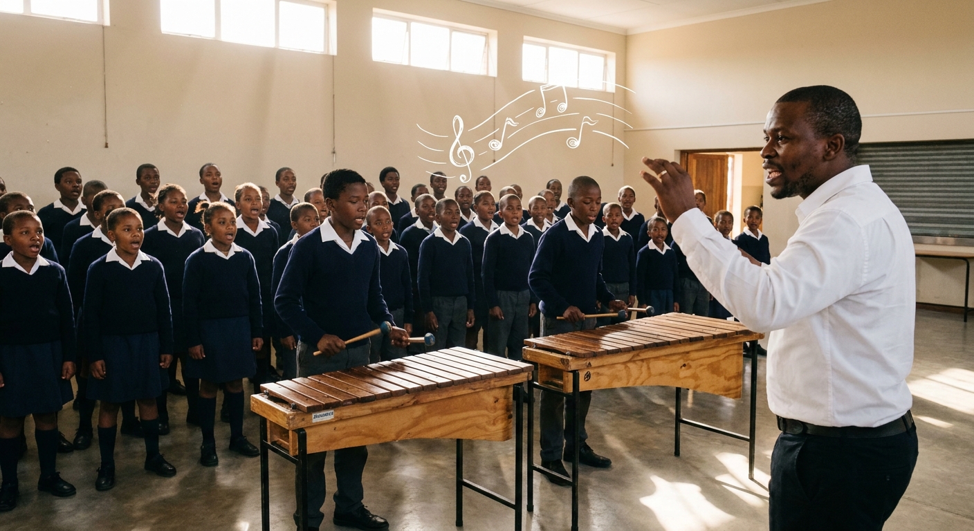 School choir rehearsing with a hand drum