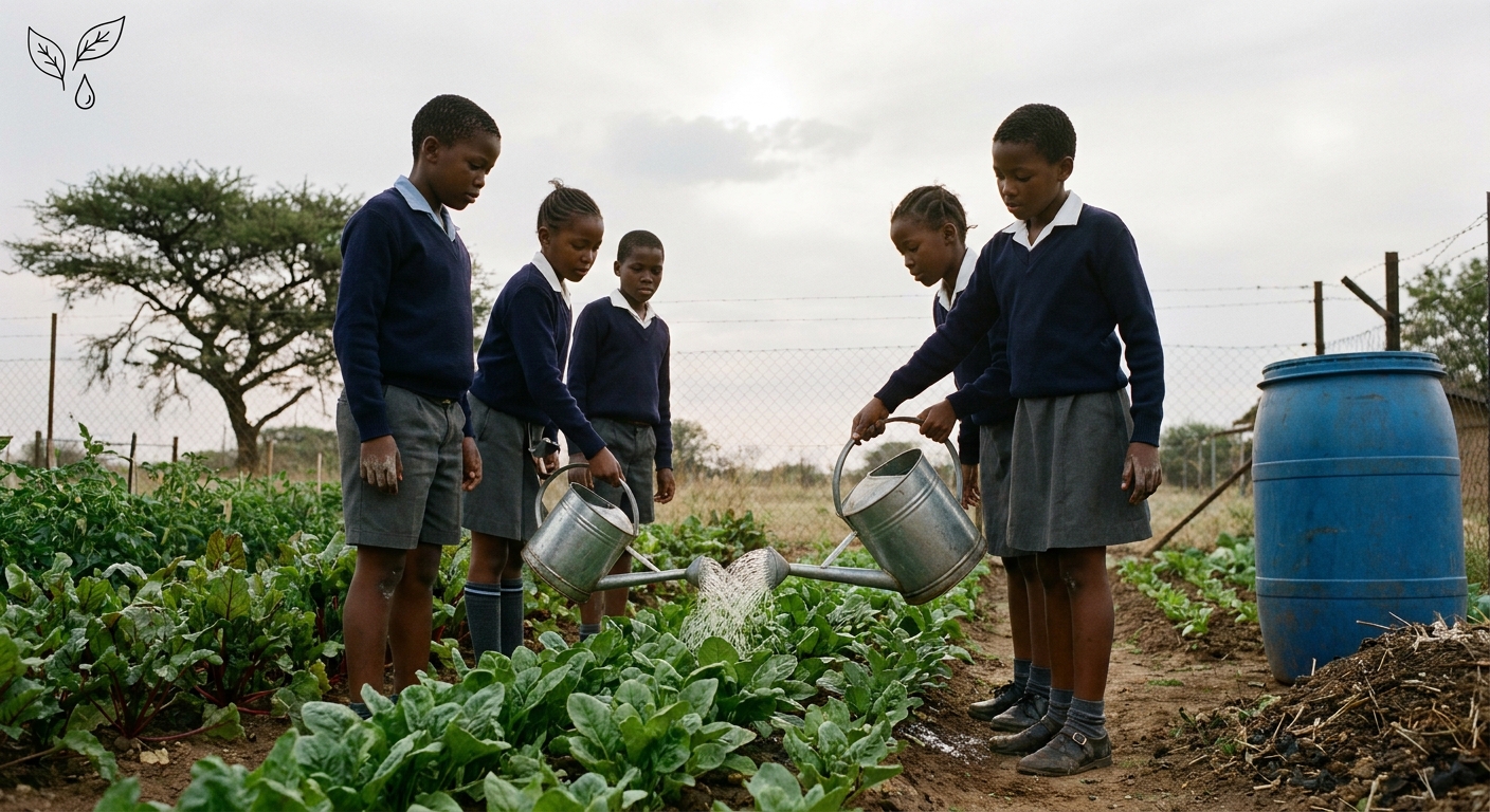 Grade 5 learners watering spinach beds in the school garden