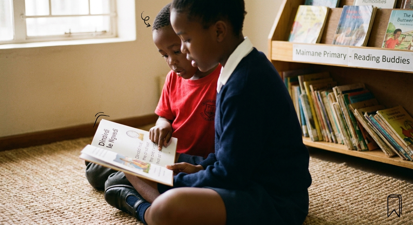 Older learners reading to younger ones in the reading corner