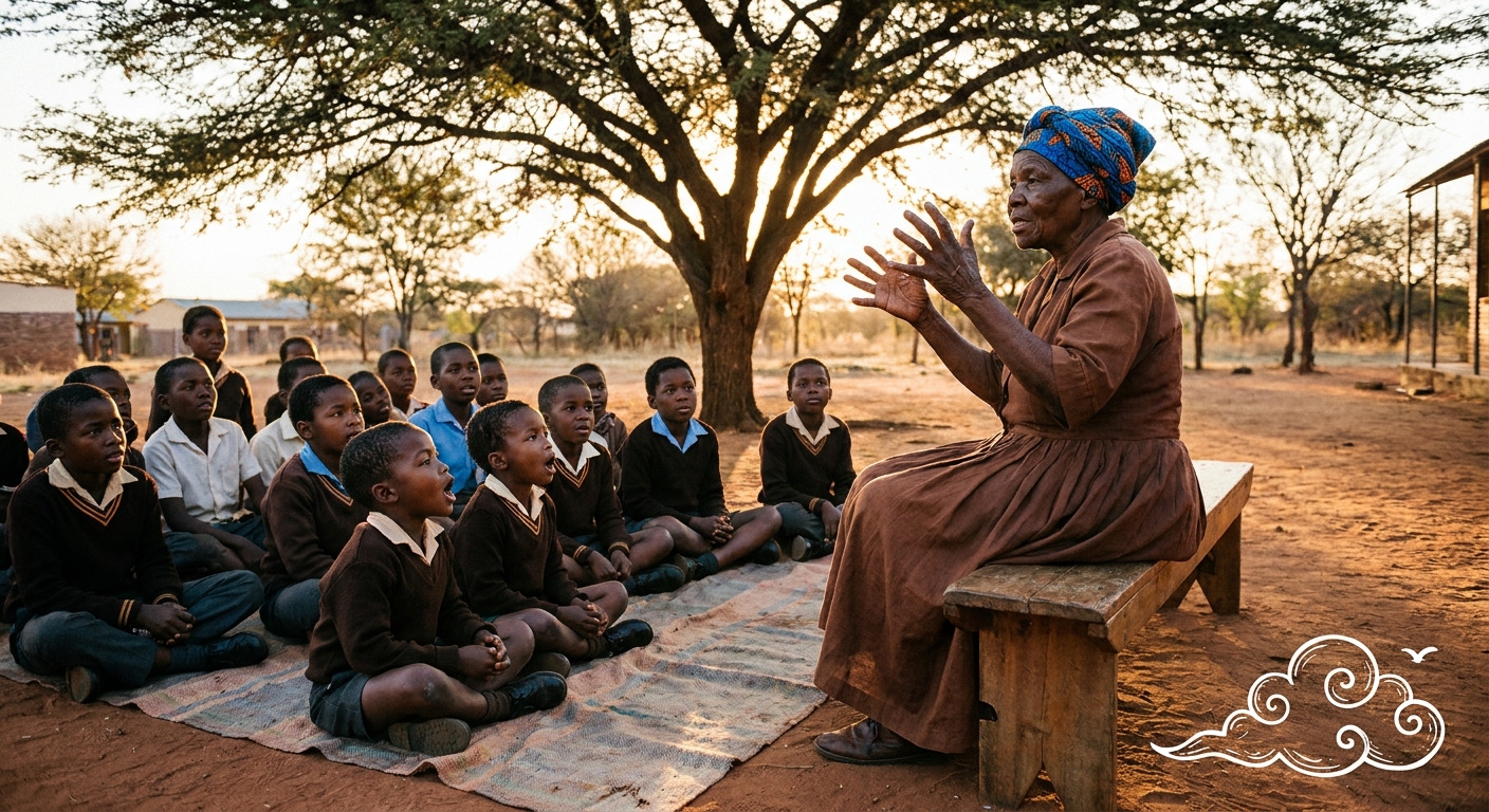 Children listening to a Setswana folktale under an Acacia tree