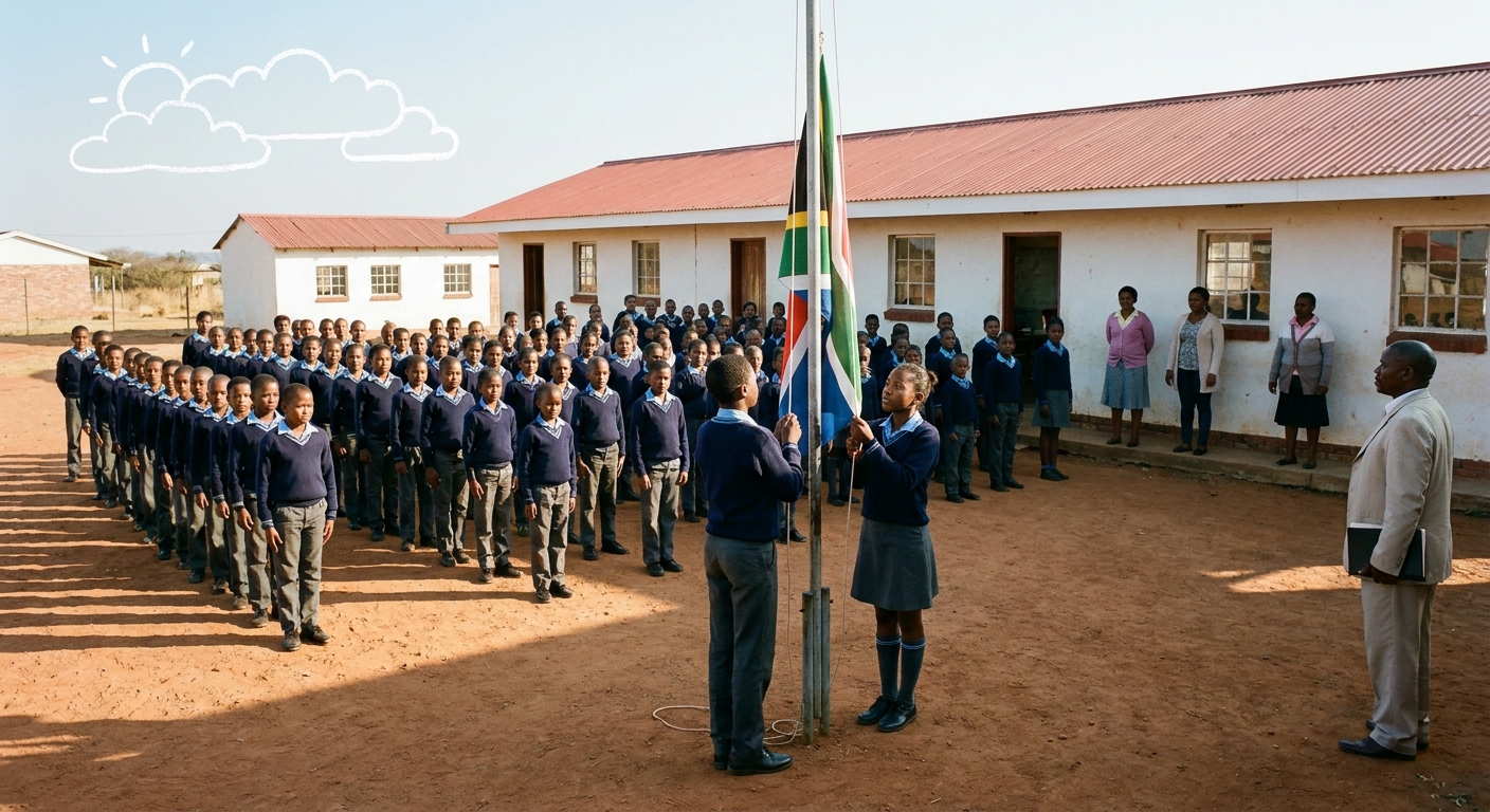 Whole-school Monday morning assembly under the South African flag