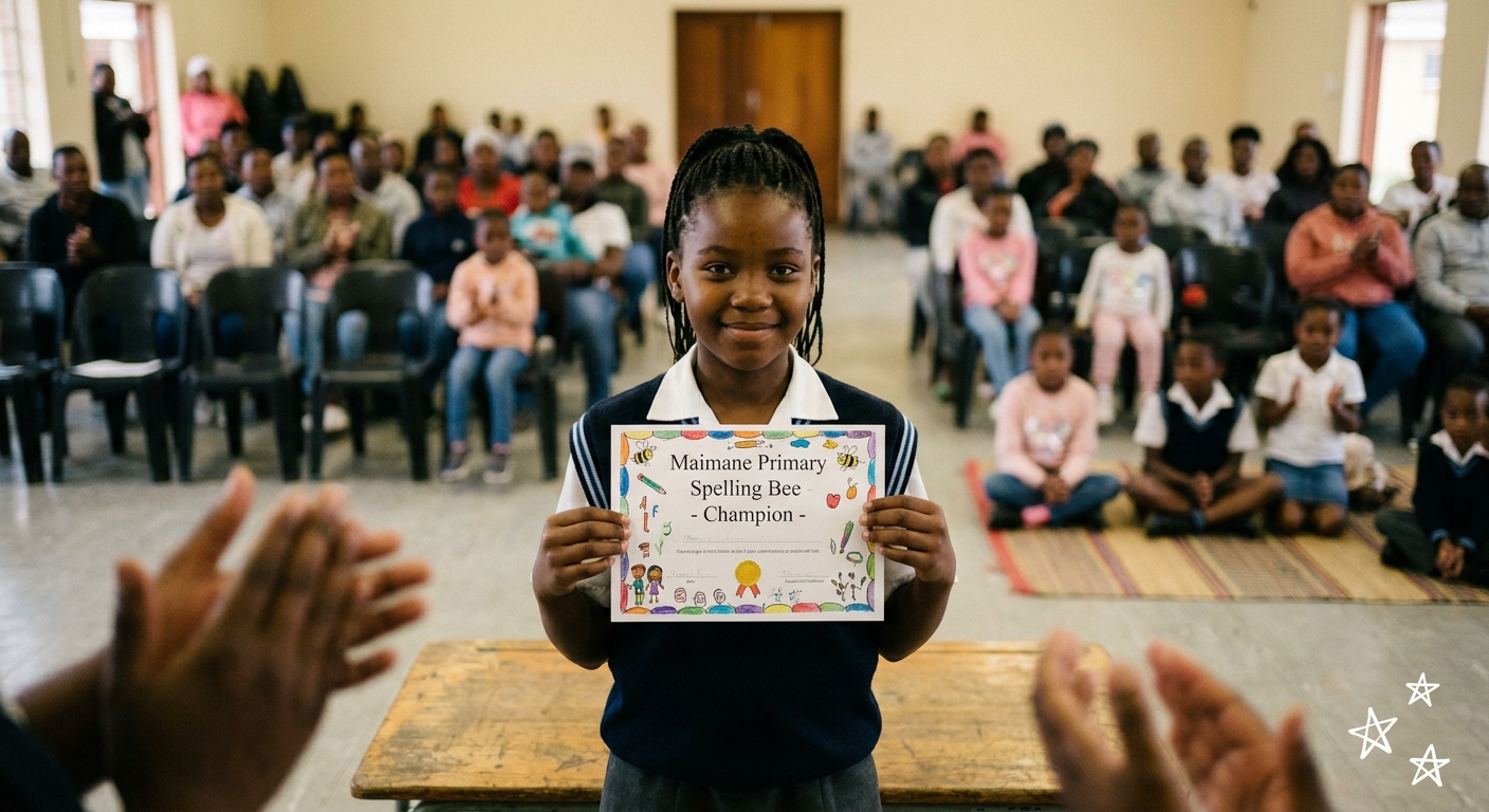 Spelling bee winner holding a hand-decorated certificate