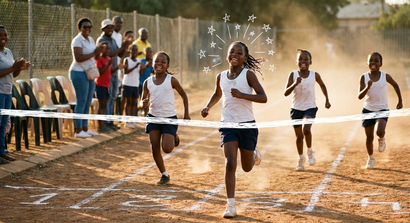 Children sprinting at the finish line of the school sports day