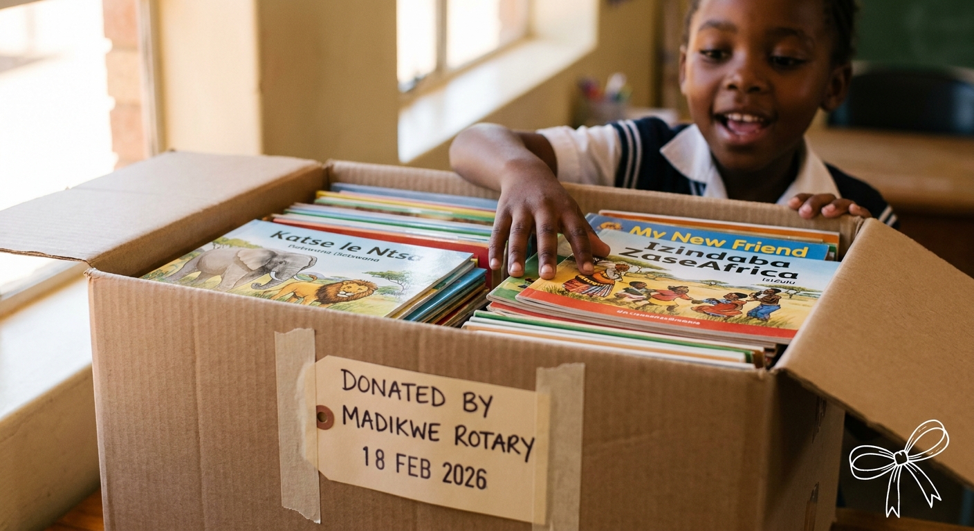 A box of newly donated reading books on a desk