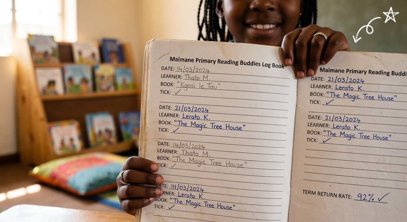 A learner showing a Reading Buddies log book