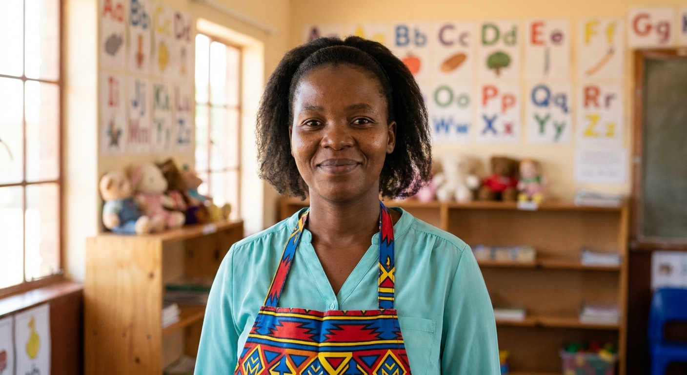 Portrait of Mma Boitumelo Dube in the Grade R room with toys behind her