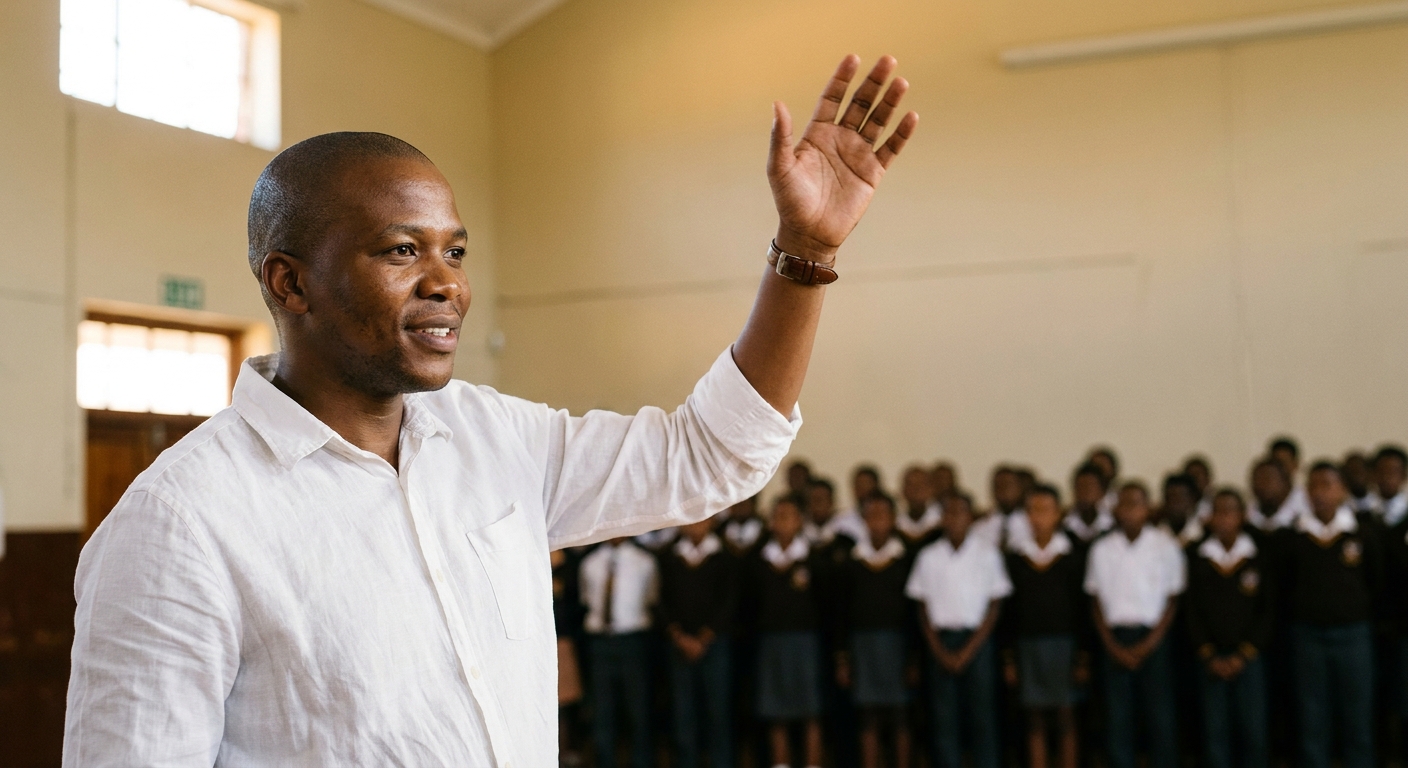 Portrait of Mr Tshepo Moeti with the school choir behind him