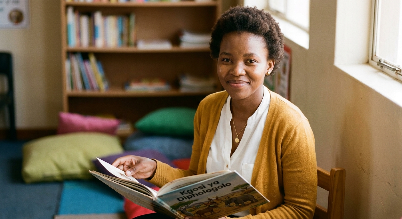 Portrait of Mma Refilwe Mokoena holding a Setswana storybook