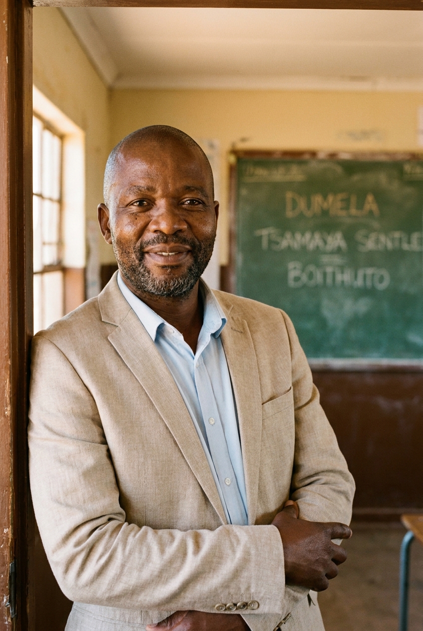 Portrait of Principal Stephen Tiro Molefe in a quiet classroom