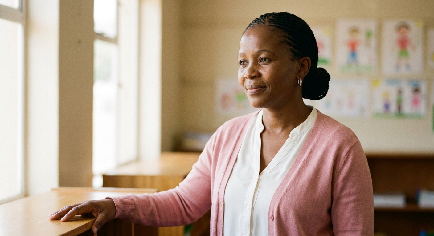 Portrait of Mma Naledi Phiri in the Foundation Phase classroom