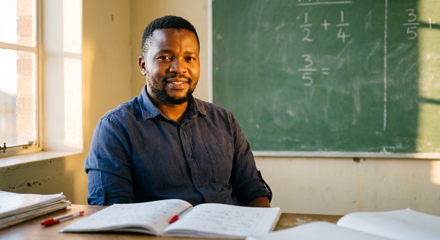 Portrait of Mr Kabelo Sebogodi at his classroom desk